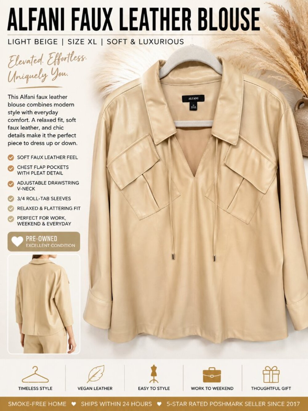 Alfani Faux Leather Blouse XL Light Beige Tan Utility Top 3/4 Sleeve